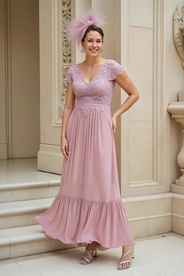 Dusty Rose A-ligne col en V longue mère de la mariée robe avec dentelle